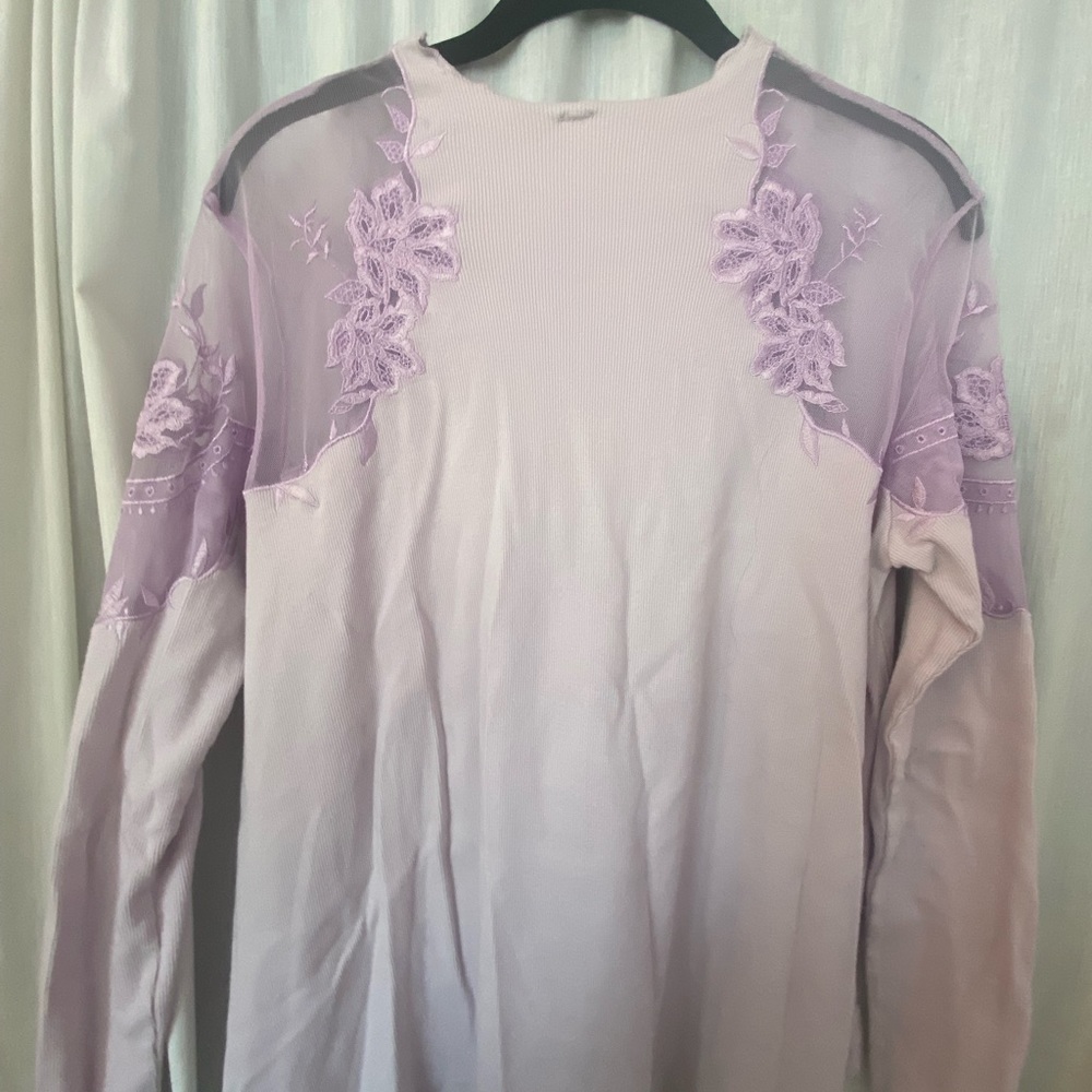 Free People Romantic Lilac Long Sleeve Top with Mesh Shoulders Floral Embroidery - Picture 8 of 9